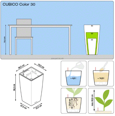 Кашпо Cubico Color (Кубико Колор) 30 Серое все-в-одном