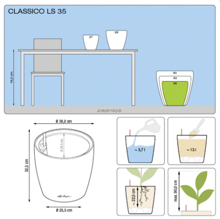 Кашпо CLASSICO (Классико) 35 LS Серебряное с системой полива и съемным