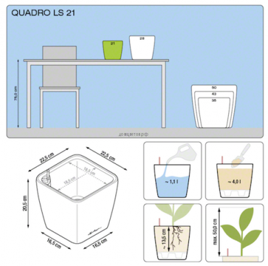 Кашпо Quadro (Квадро) 21 LS Серебряное с системой полива и съемным - Кашпо Quadro (Квадро) 21 LS Серебряное с системой полива и съемным