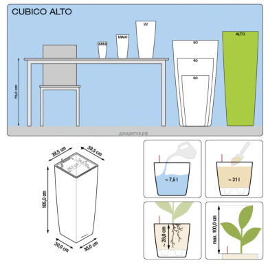 Кашпо Cubico (Кубико) Альто 40 Черное с системой полива - Кашпо Cubico (Кубико) Альто 40 Черное с системой полива
