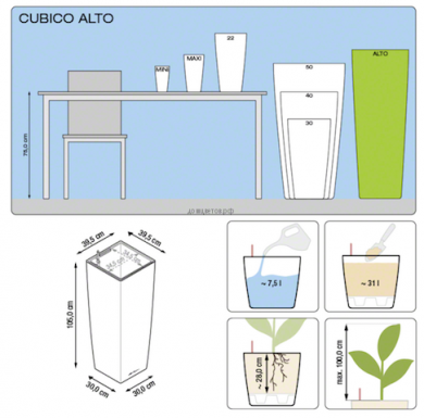 Кашпо Cubico (Кубико) Альто 40 Серебряное с системой полива - Кашпо Cubico (Кубико) Альто 40 Серебряное с системой полива